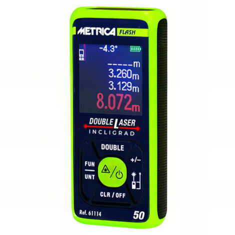 Metrica – Télémètre laser double laser incligrad 50m – Précision 1mm – Étanchéité IP54 – Fonction Pythagore – 61114