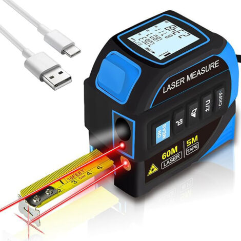 Metro a nastro laser 4 in 1, telemetro laser da 60 m, nastro di misurazione da 5 m, livella elettronica a doppio asse, reticolo, ricaricabile, blu