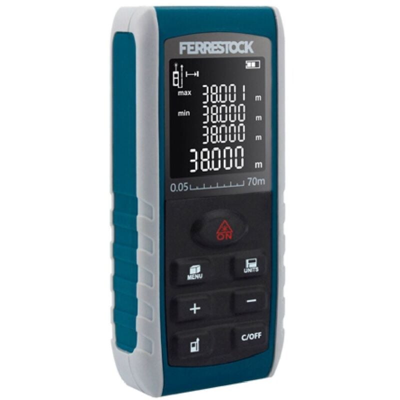 Ferrestock - FSKLDM070 misuratore laser di distanza fino a 70 metri, display lcd, 2 punti di riferimento, 7 modalità di misurazione, livello digitale