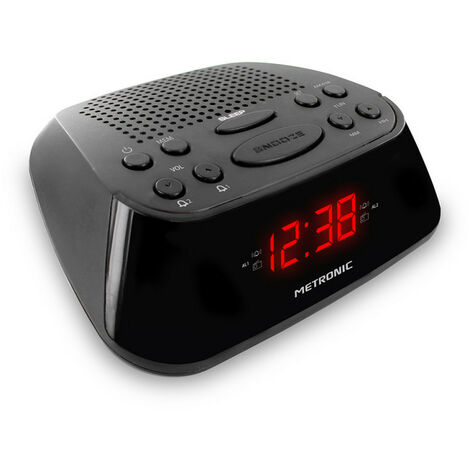 Metronic – Radio-réveil FM double alarme avec fonction snooze – Afficheur LED rouge – Programmation de 2 alarmes – Enregistrement de 10 stations