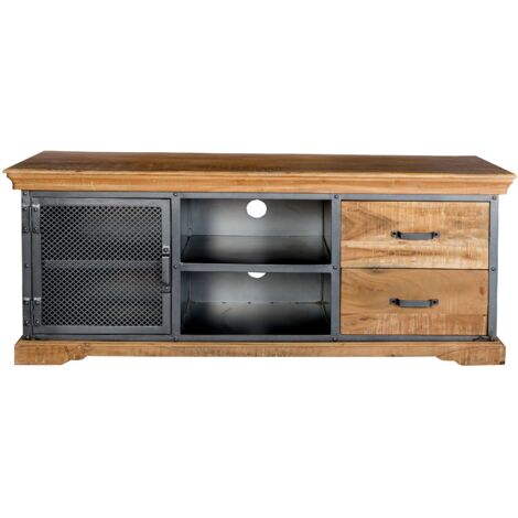 Metropolis Industrial TV Media Unit - Metal/Acacia Solid Wood - L45 x W140 x H60 cm