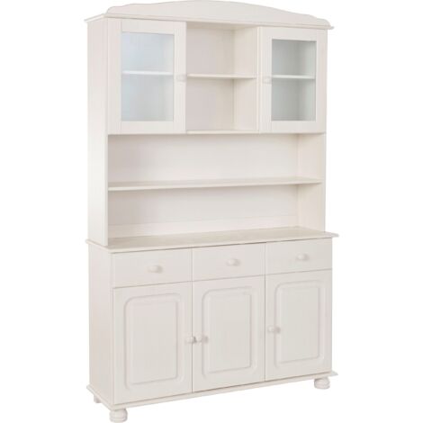 MetteBuffet avec 3 portes, 2 portes vitrées et 3 tiroirs en pin blanc