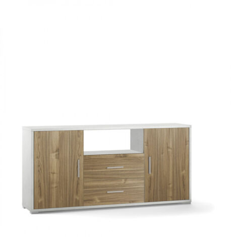 Meuble 2 portes, 2 tiroirs, 174 cm (L) x 41 cm (P) x 84 cm (H), finition blanc mat et noyer, Sarmog