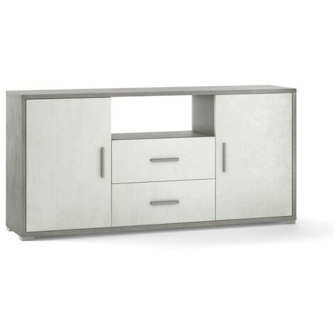 Meuble 2 portes, 2 tiroirs, 174 cm (L) x 41 cm (P) x 84 cm (H), finition ciment et blanc mat, Sarmog