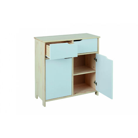 Meuble 2 portes 2 tiroirs en bois massif et portes MDF blanc lait