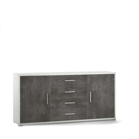 Meuble 2 portes, 4 tiroirs, 174 cm (L) x 41 cm (P) x 84 cm (H), finition blanc mat et noir mat, Sarmog
