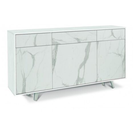 Meuble 3 portes, 3 tiroirs, 164 cm (L) x 41 cm (P) x 92 cm (H), finition blanc mat et marbre Calacatta, Sarmog