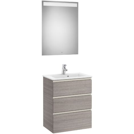 Meuble 3 tiroirs, lavabo et miroir LED THE GAP - ROCA Couleur : Chêne City texturé