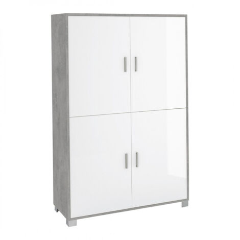 Meuble 4 portes, 108 cm (L) x 41 cm (P) x 161 cm (H) – Finition ciment et blanc brillant – Sarmog