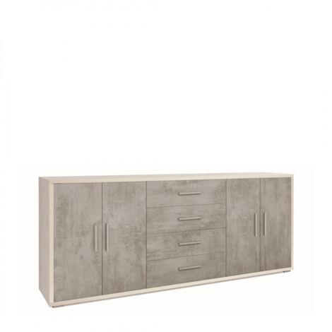 Meuble 4 portes, 4 tiroirs, 203 cm (L) x 41 cm (P) x 84 cm (H), finition blanc mat et ciment, Sarmog