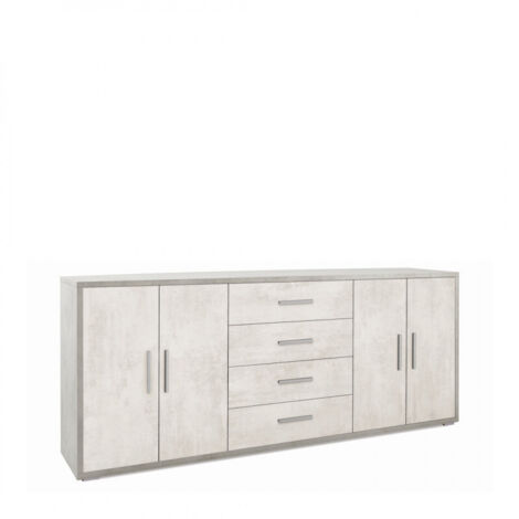 Meuble 4 portes, 4 tiroirs, 203 cm (L) x 41 cm (P) x 84 cm (H), finition ciment et blanc mat, Sarmog