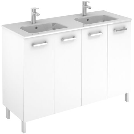 Meuble 4 portes Ancoflash Color avec plan double vasque céramique - Anconetti - Blanc - 120cm