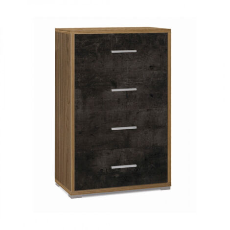 Meuble à 4 tiroirs 71 cm (L) x 41 cm (P) x 110 cm (H) – Finition noyer et noir mat – Sarmog