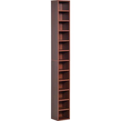 Meuble à CD/DVD 12 compartiments, étagère colonne marron, capacité 204 CD, 21x20x175 cm