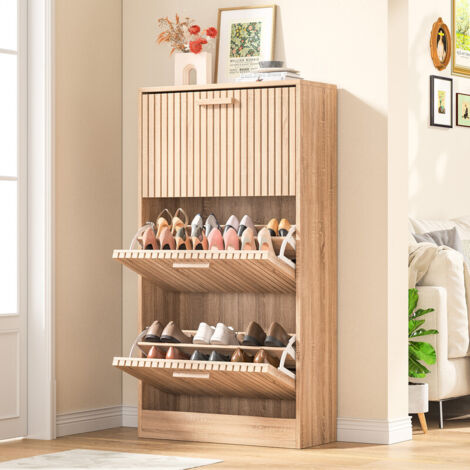 Meuble a chaussure en Rotin 60 x 24 x 113 cm, 3 Portes Rabattables, Meuble chaussure bois avec 6 Étagères Réglables, Commode à Chaussures pour Entrée, Placard, Couloir