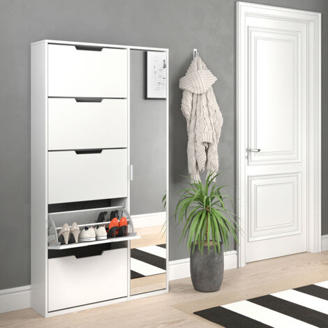 Vicco – Meuble à chaussures blanc 90x170x23cm – Panneau de particules 16mm – Miroir intégré – 5 niveaux de rangement pour chaussures