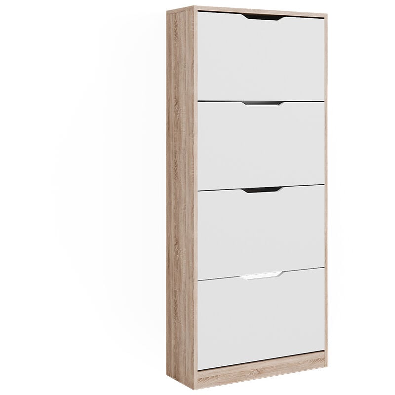 Meuble à chaussure Luca, Sonoma/blanc, 59x137cm avec 4 tiroirs rabattables Vicco