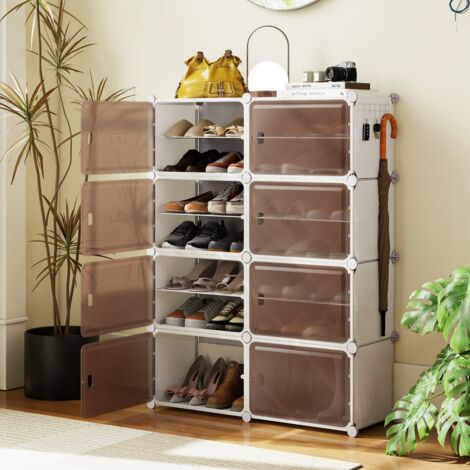 Meuble a Chaussure pour 32 Paires 8 Boites Rangement Chaussures Empilable Étagères Amovibles Crochets Latéral Panneau Transparent 8 Boites