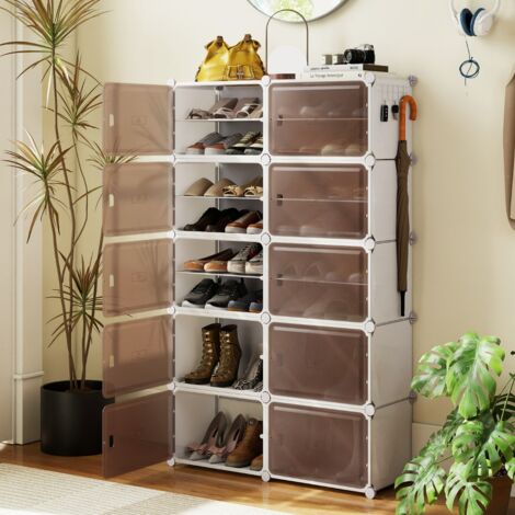 Meuble a Chaussure pour 40 Paires 10 Boites Rangement Chaussures Empilable Étagères Amovibles Crochets Latéral Panneau Transparent 10 Boites