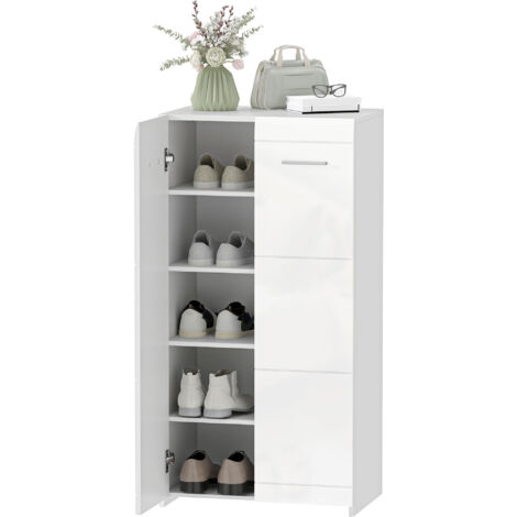 Meuble à chaussures 10 paires, armoire à chaussures à haute brillance 5 niveaux, étagères réglables, 55x36x108cm, blanc