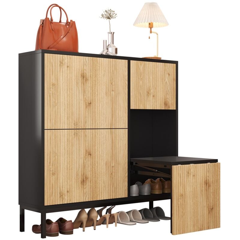 Eifson - Meuble à chaussures 100x100x25 cm, avec étagère à chaussures pliable à 3 niveaux, banc à langer, cloisons ouvertes, surface en bois massif,
