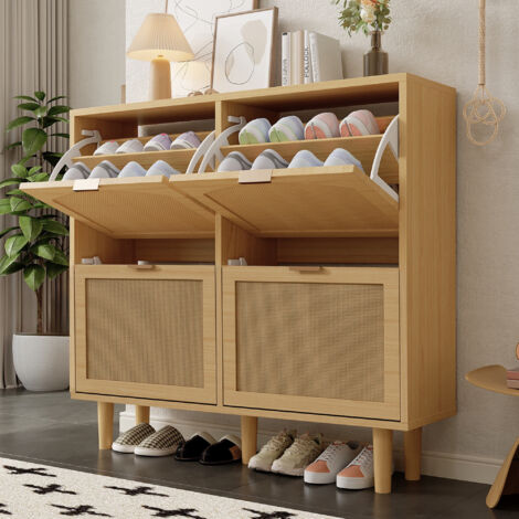 Meuble à chaussures 100x25x90 cm, commode à chaussures avec 4 tiroirs pliants pour jusqu'à 10 paires, rangement en rotin avec poignées en métal, style campagne