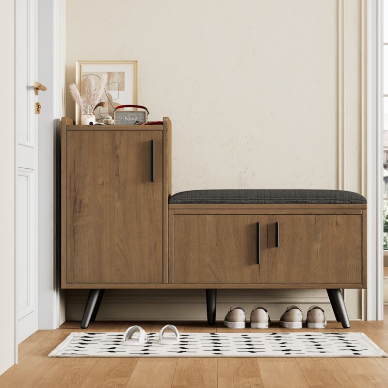 Eifson - Meuble à chaussures 100x34x69 cm, avec 3 portes de rangement, poignées métalliques asymétriques, assise rembourrée, style simple et élégant,