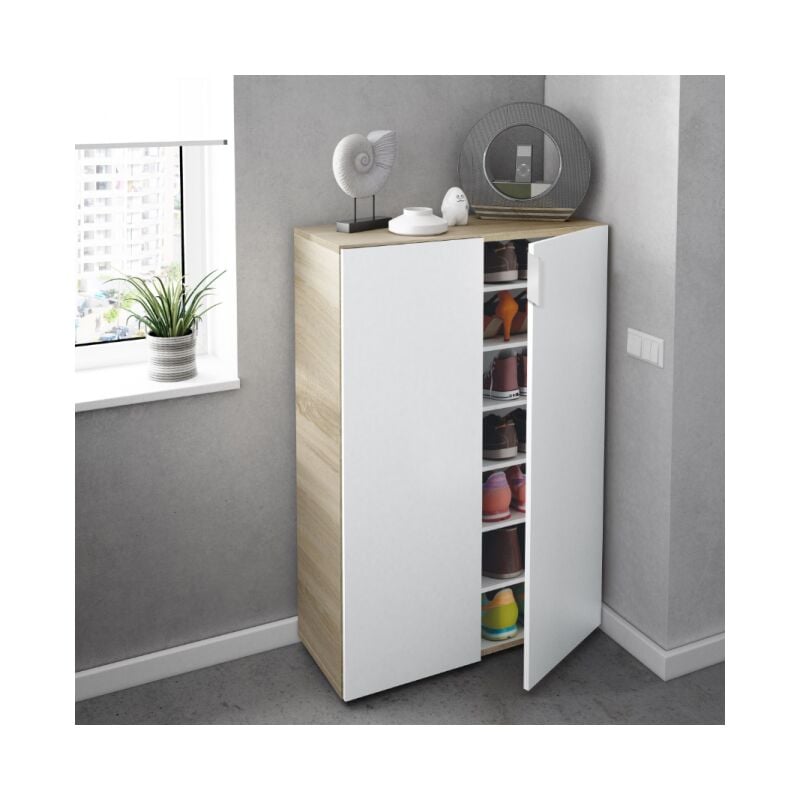Meuble à chaussures 103 cm blanc mat et chêne canadien avec deux portes - Svezia