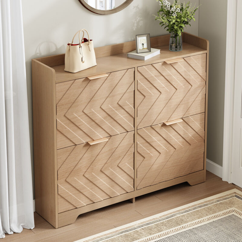 Meuble à chaussures 105 cm pour 16 paires, avec 4 compartiments basculants, style scandinave façade 3D texturée avec poignées dorées, meuble d'entrée