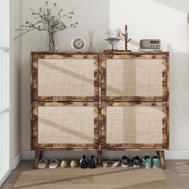 Dans Les Nuages - Meuble à chaussures 105cm, avec 4 portes en polyrotin, rangement, étagères amovible, pour jusqu'à 16 paires de chaussures - Marron