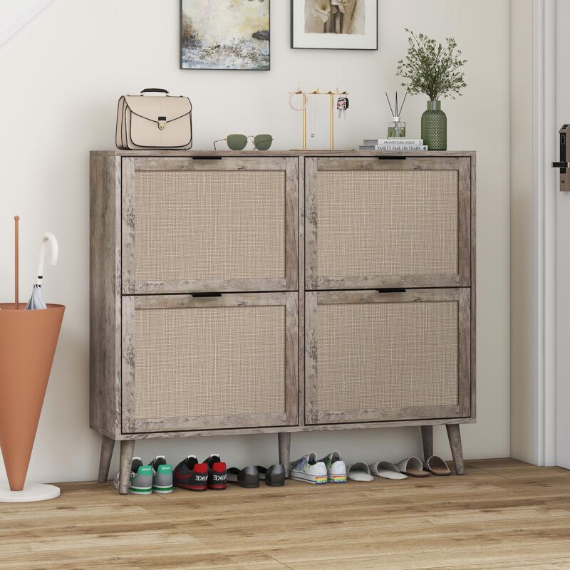 Meuble à chaussures 105cm, avec 4 portes en polyrotin, rangement, étagères amovible, pour jusqu'à 16 paires de chaussures - Gris foncé