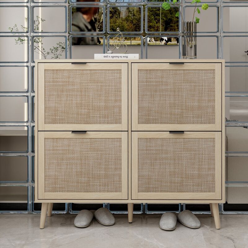 Meuble à chaussures 105cm, avec 4 portes en polyrotin, rangement, étagères amovible, pour jusqu'à 16 paires de chaussures - Blanc