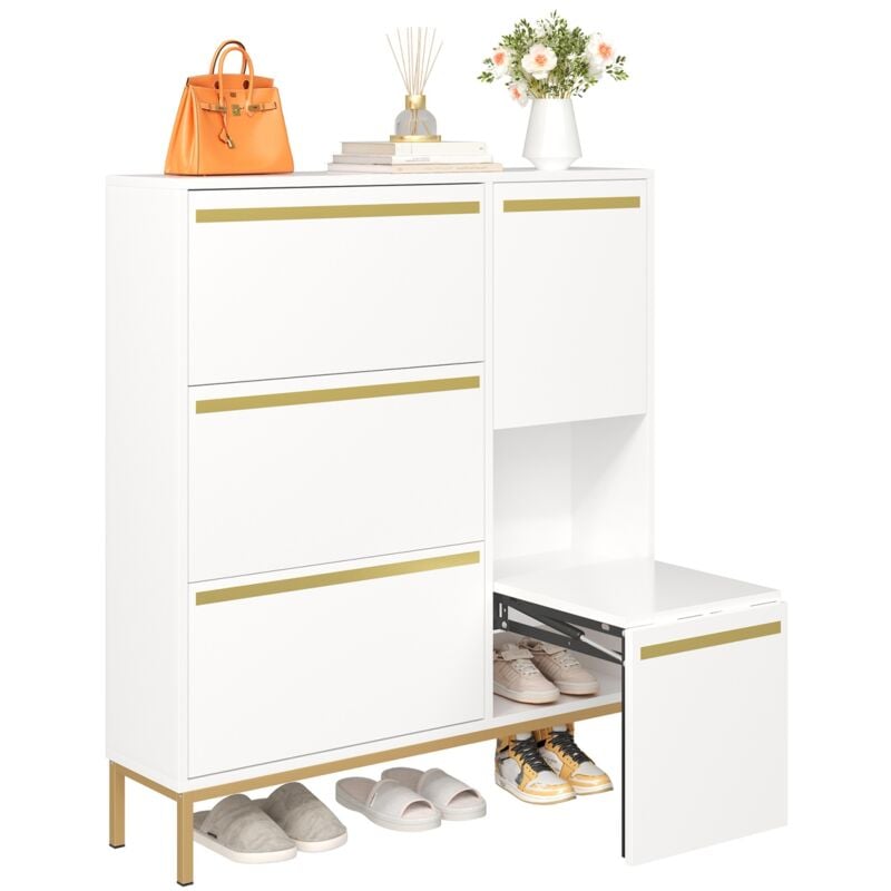 Eifson - Meuble à chaussures 105x115,5x25 cm, avec étagère à chaussures pliable à 3 niveaux, banc à langer, cloisons ouvertes, surface brillante,