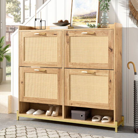 Meuble à chaussures 108.5x24x100 cm avec 4 portes en rotin cadre en métal et étagère supérieure, en bois, couleur bois naturel