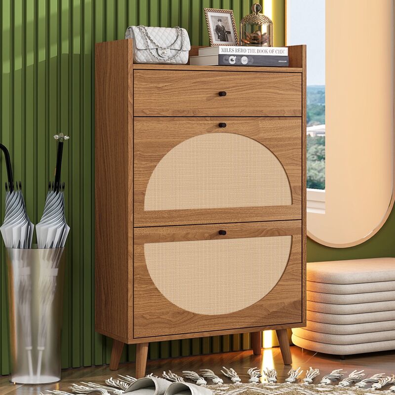 Meuble à chaussures 110cm, avec 2 portes en polyrotin, tiroir de rangement, étagère, pour jusqu'à 10 paires de chaussures - Marron