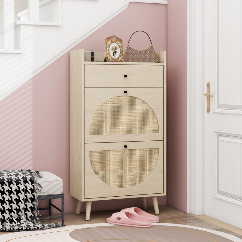 Dans Les Nuages - Meuble à chaussures 110cm, avec 2 portes en polyrotin, tiroir de rangement, étagère, pour jusqu'à 10 paires de chaussures - naturel