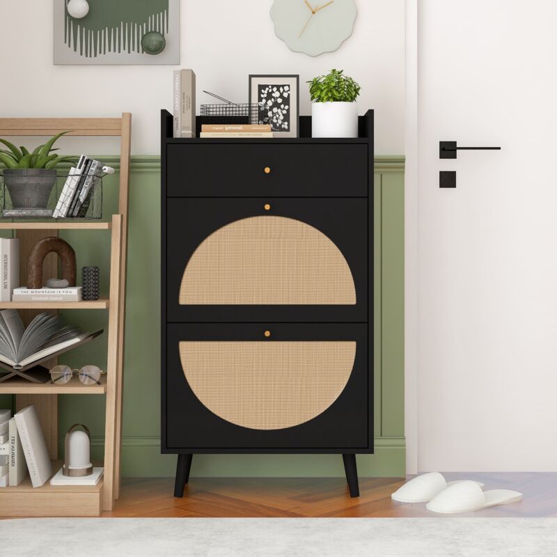 Dans Les Nuages – Meuble à chaussures 110 cm en polyrotin – 2 portes et tiroir de rangement – Capacité jusqu'à 10 paires – Étagère amovible – Noir
