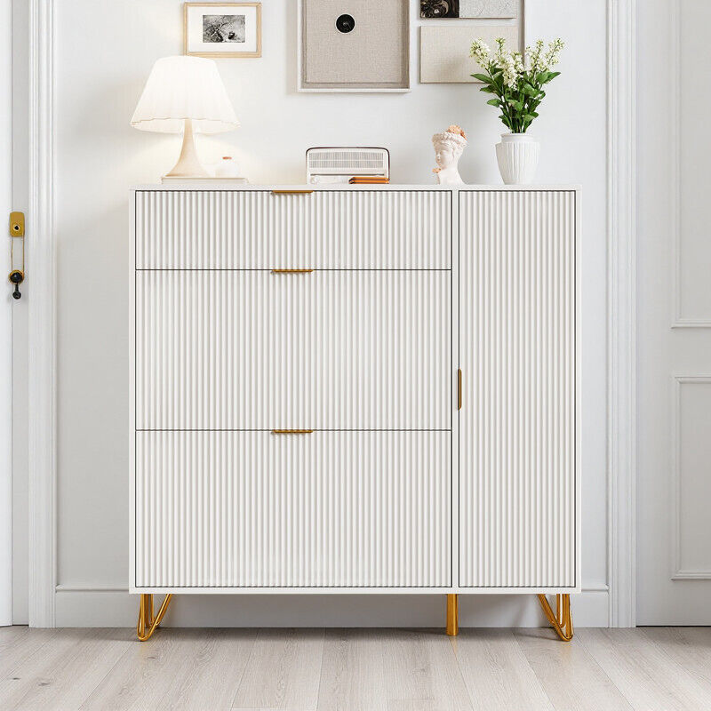 Meuble à Chaussures 110x24x120, Armoire Basculante avec Porte à Persiennes, Meuble avec 2 Abattants, Cabinet Botte sur Côté, Chaussures avec