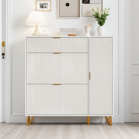 Meuble à Chaussures 110x24x120, Armoire Basculante avec Porte à Persiennes, Meuble avec 2 Abattants, Cabinet Botte sur Côté, Chaussures avec Compartiments, Pour Couloir, Vestiaire, Blanc