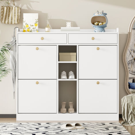 Meuble à chaussures 110x26x100 cm , 4 portes rabattables, 2 tiroirs, 3 étagères ouvertes, rangement entrée couloir moderne, bois, blanc