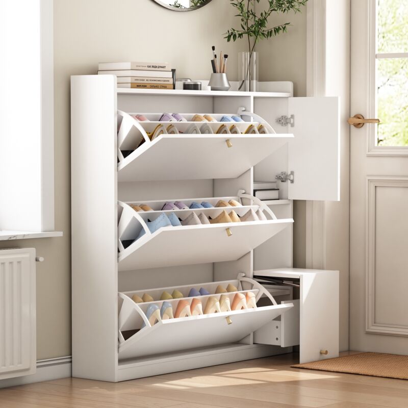 Eifson - Meuble à chaussures 119x24x122 cm, avec 3 tiroirs rabattables, banc rabattable, 1 tiroir, poignées dorées, convient pour couloir et entrée