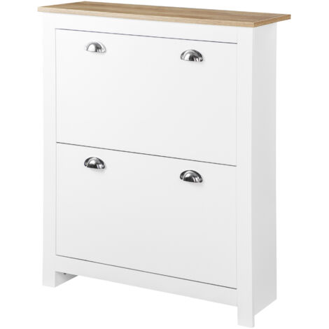 Meuble à chaussures 12 paires. armoire à chaussures étroite avec 2 tiroirs rabattables et étagères réglables. poignées coquilles métal. pour couloir. entrée. 79 x 23 x 90.5 cm. blanc et chêne