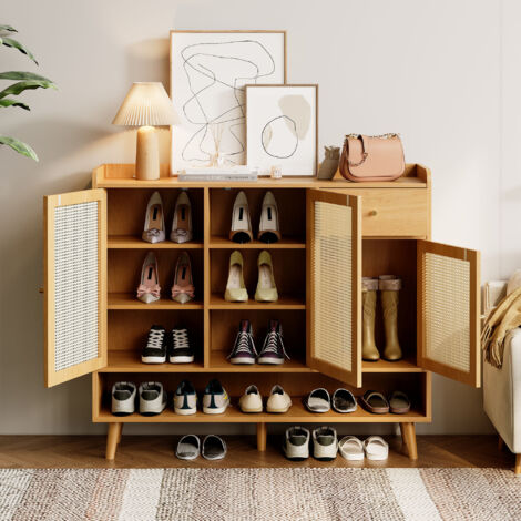 Meuble à Chaussures 120 cm en Rotin avec 3 Portes, 1 Tiroir et 5 Étagères – Commode de Rangement Entrée en Bois, pour 12 Paires, Couleur Bois