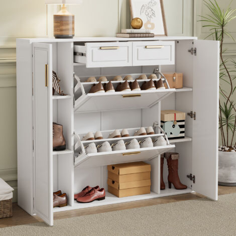 Meuble à chaussures 120 x 24 x 107 cm avec étagères réglables, 2 tiroirs, système d'ouverture abattant et 2 portes Blanc