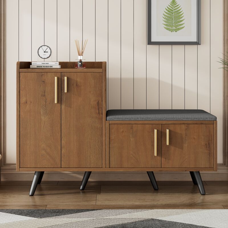 Meuble à chaussures 120x34x82 cm, avec 4 portes de rangement, assise rembourrée, poignées asymétriques en métal, banc à chaussures moderne en grain