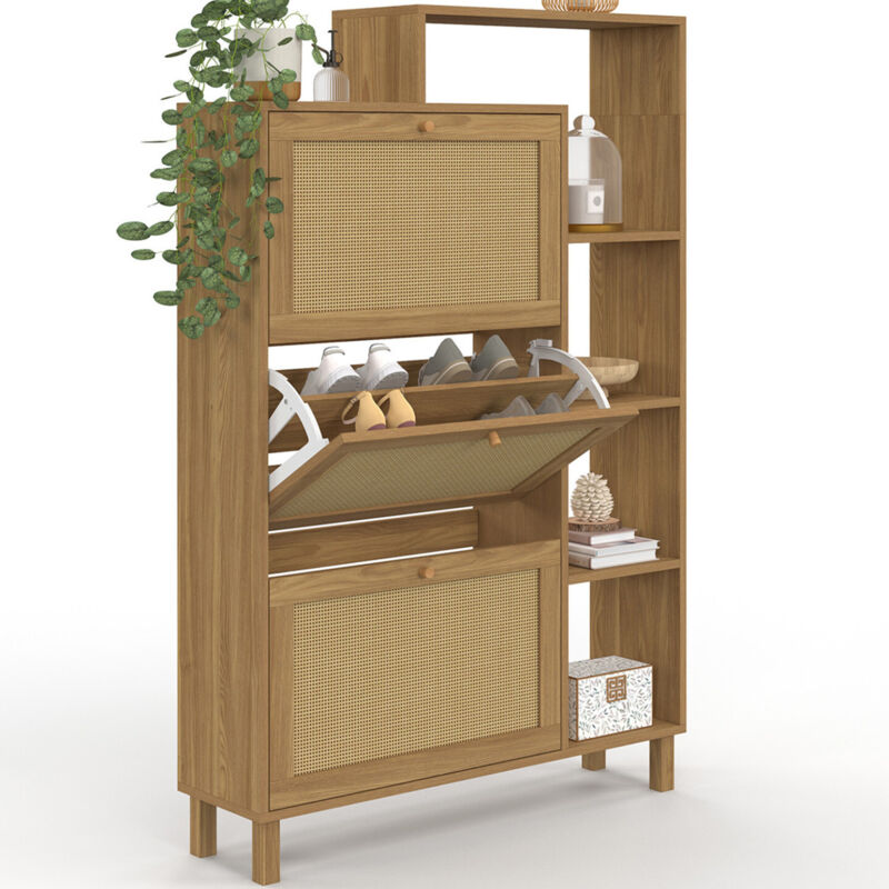 Meuble à chaussures 18 paires 3 portes effet naturel cannage avec étagère