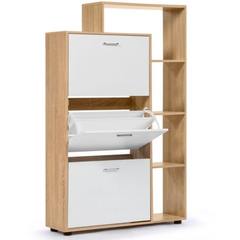 Meuble à chaussures 18 paires KLARK imitation hêtre 3 portes blanches avec étagère