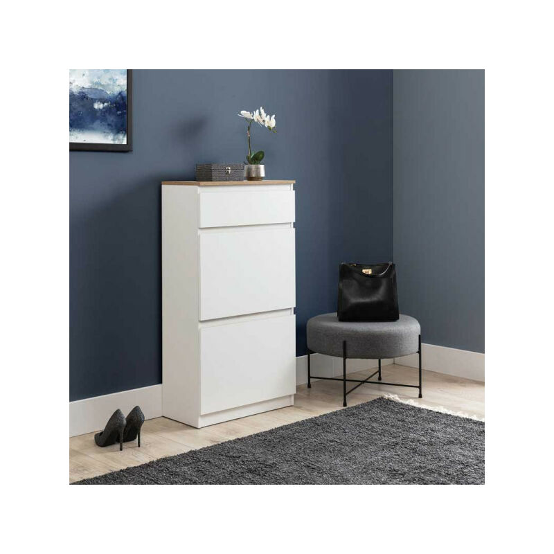 Meuble à chaussures 2 abattants 1 tiroir Blanc/Bois - qiz - l 60 x l 30 x h 113 cm