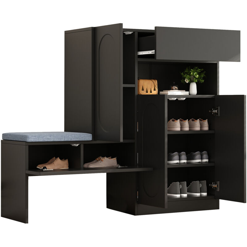 Meuble à Chaussures 2-en-1 Avec Banc, Portes Incurvées, Noir, 130x35x110 Cm