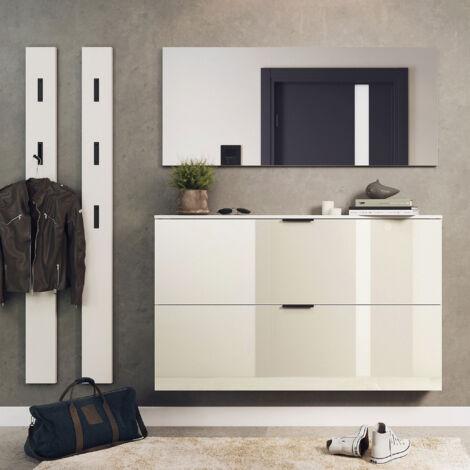 Meuble à chaussures 2 portes écru + miroir + 2 portes manteau - VELIA